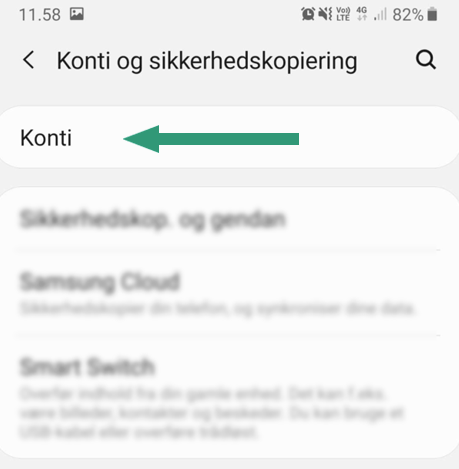 Konti-menu på Android