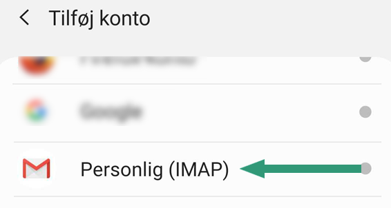 Personlig (IMAP) i listen over kontotyper
