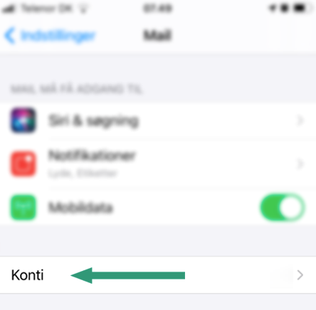 Menupunktet Konti i Mail-indstillinger